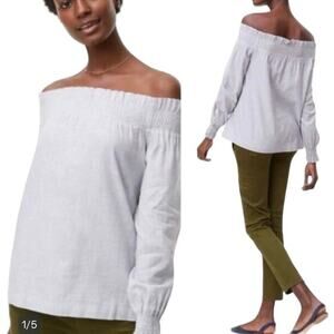 LOFT Off The Shoulder Long Sleeve Cotton Blouse Heather Gray Size XS Petite
